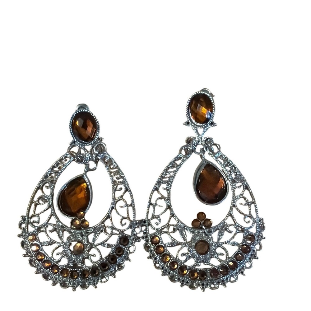 Silver Tone Amber‎ Rhinestone Filigree Teardrop Chandelier Statement Earrings